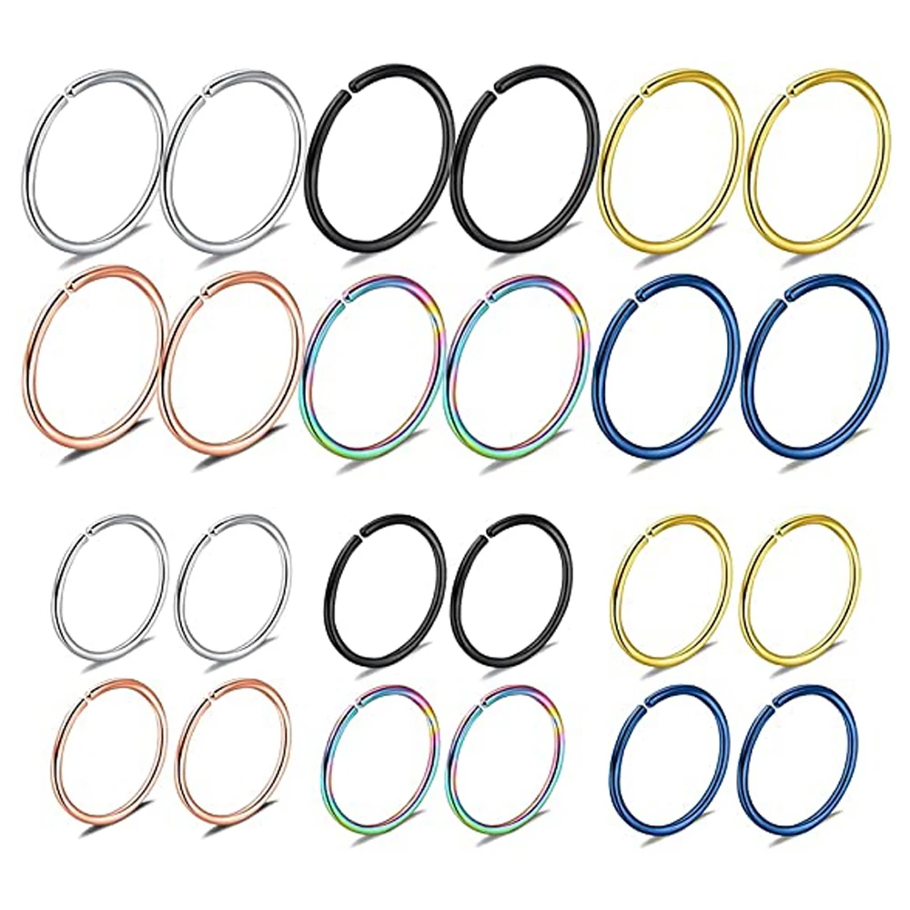 

24Pcs Nose Rings Hoop 20 Gauge Non Piercing Stainless Steel Clip-on Fake Nose Ring Body Jewelry - 5/16" (8mm 10mm)