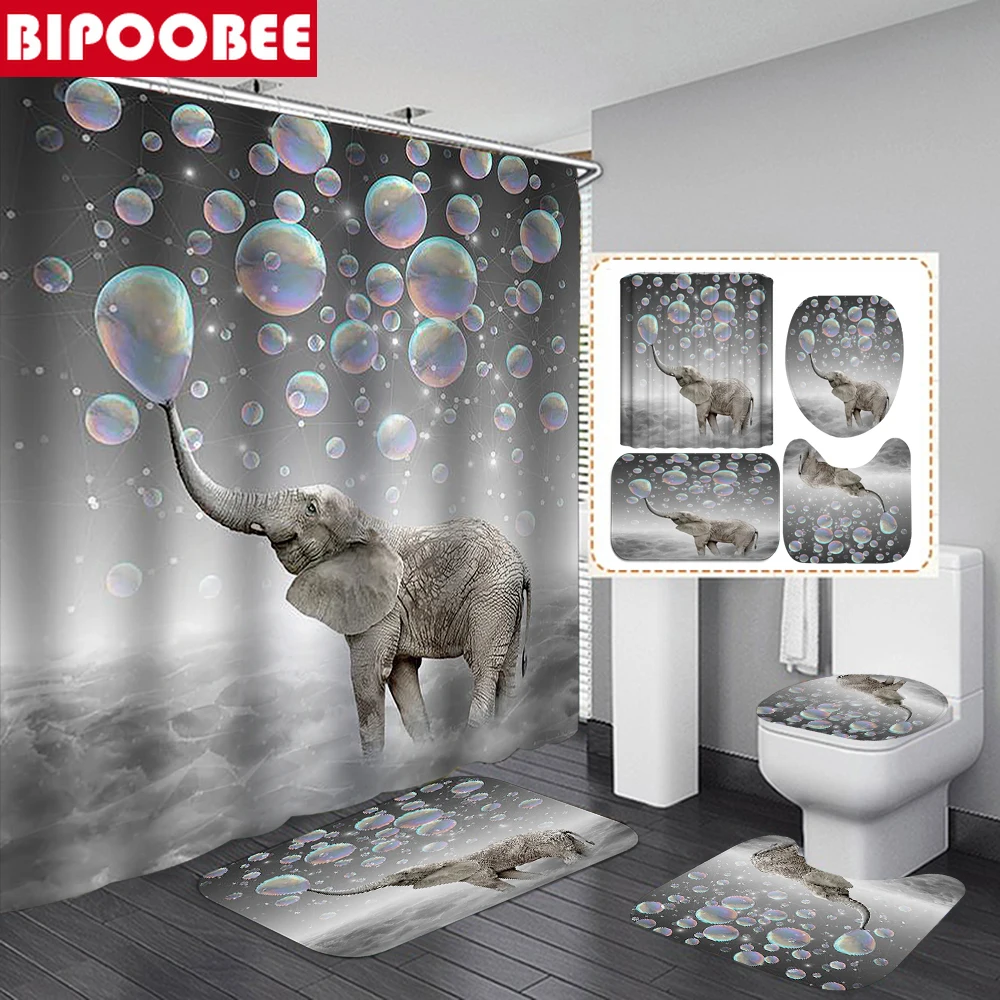 

Cute Elephant Blowing Bubbles 3D Shower Curtains Waterproof Fabric Bathroom Curtain Toilet Lid Cover Bath Mat Non-Slip Rugs