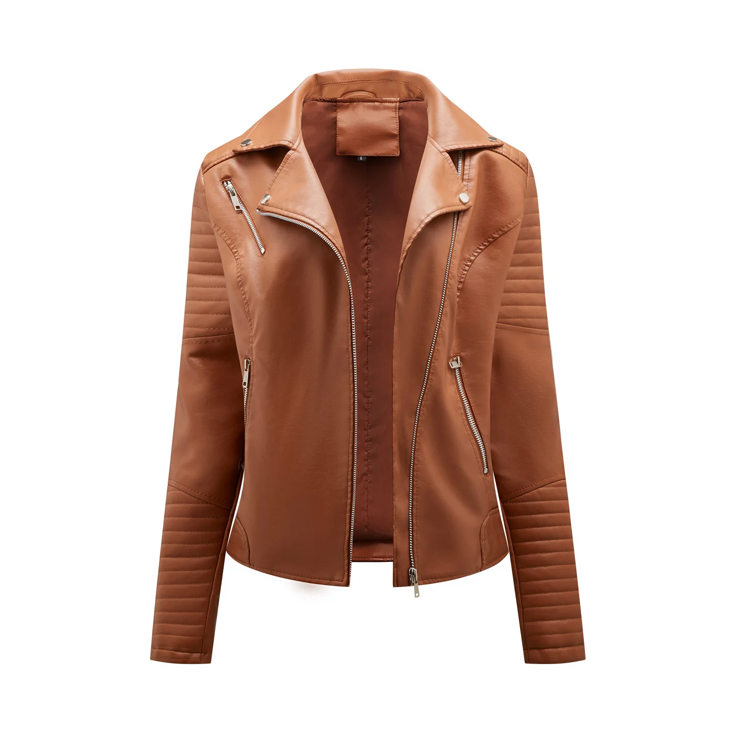 Fashionable spring autumn and winter short leather jacket women's European size slim lapel motorcycle suit inclined zipper jack
