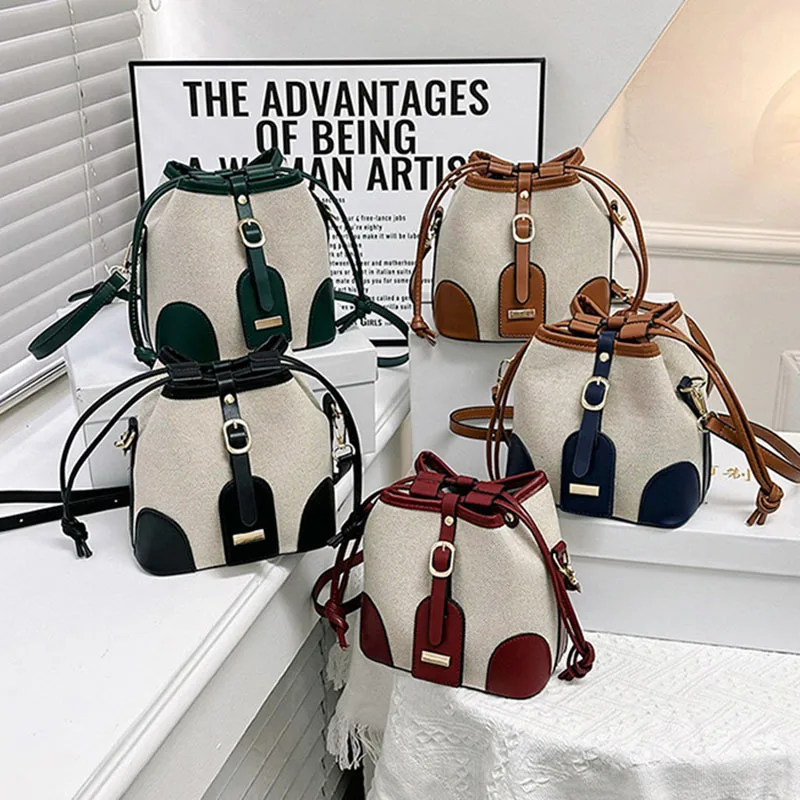 New Canvas Bag for Women Contrast Bucket Handbag Fashion Simple Shoulder Messenger Bags Casual Crossbody Commute Portable Satche