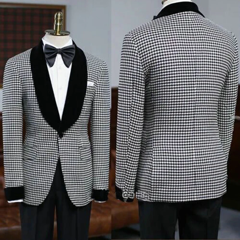 

Houndstooth Men Suits With Black Pants 2 Piece Check Male Fashion Wedding Tuxedo Shawl Lapel Slim Fit Groomsmen Costume 2023