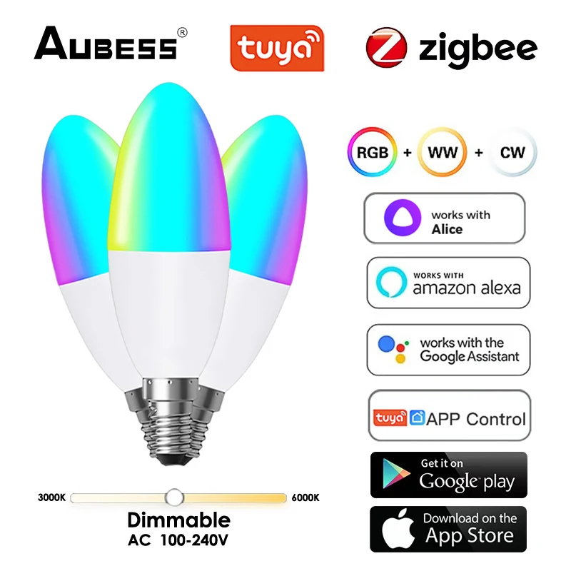

Aubess Zigbee WIFI E14 LED Bulb Candle Color Indoor Music Light Bulb RGB C W Controller Lighting 220V Dimmable Smart Lamp 2022