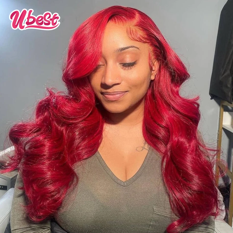 Malaysian 13x4 Lace Frontal Wigs Cherry Red Color Body Wave Lace Frontal Human Hair Wigs For Black Women Bleached Knots Remy