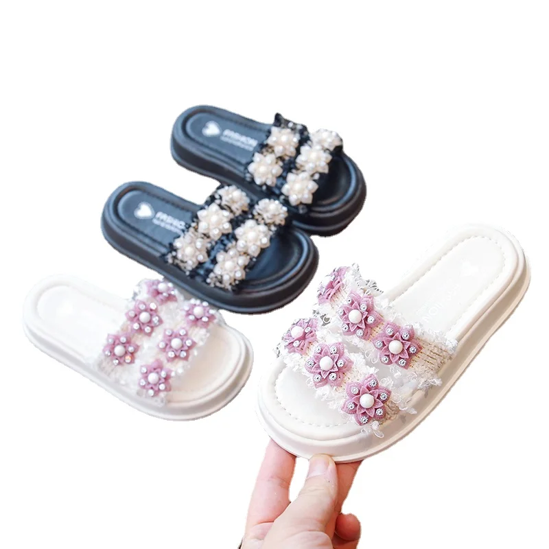 

Girls Slippers Summer 2023 New Children Non-slip Flowers Cute Open-toe Versatile Kids Performance Mary Janes for Party Wedding