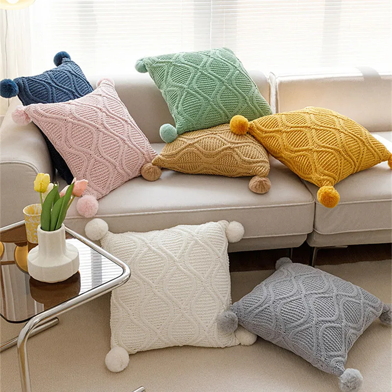 

Chenille Knitted Cushion Cover with Pompoms Yellow Green Navy Pillow Cover Nordic Decorative Pillows for Living Room The Couch