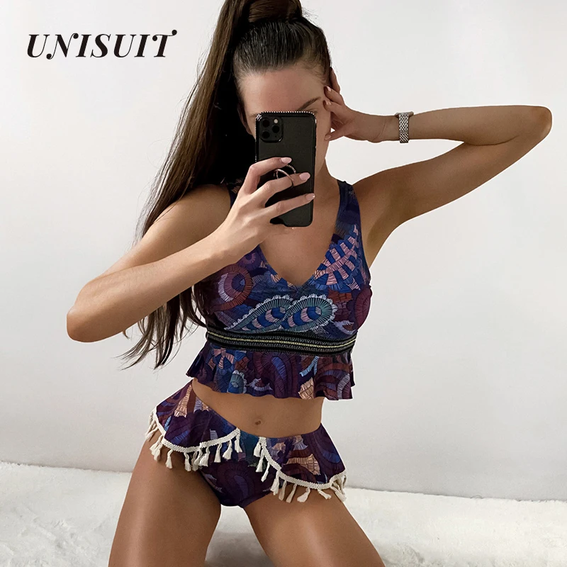 UNISUIT Graphic Print Tassel Ruffle Bikini Swimsuit Polyester High Waist Skinny Push-Up Cup Split Suit Summer Women |