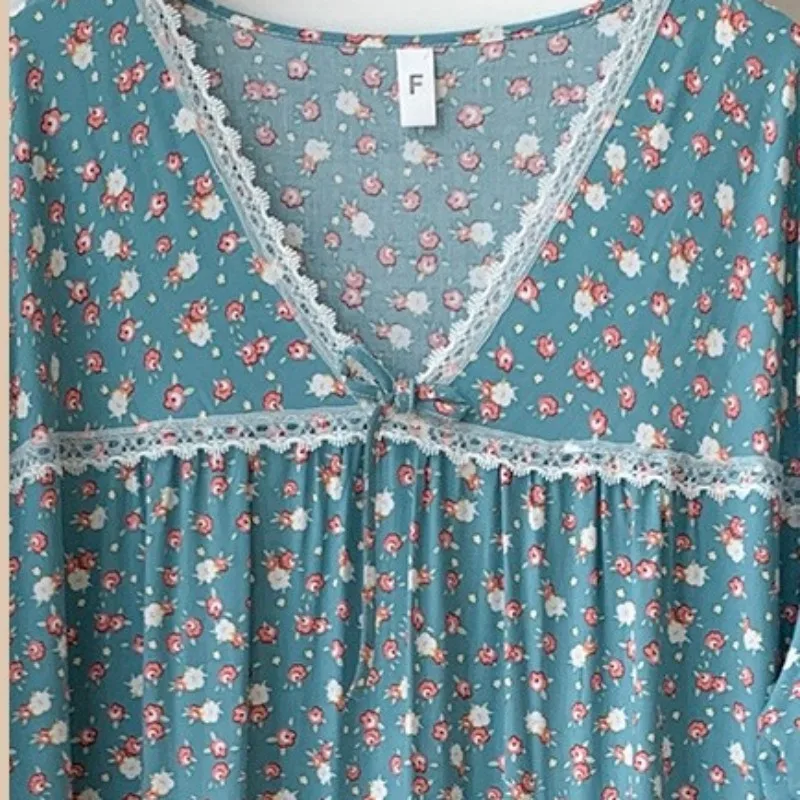 Summer Short Sleeve Loose Thin Young Lady Sweet Pajama V-Neck Floral Print Long Length Dress Cotton Leisure Ventilation Vestidos