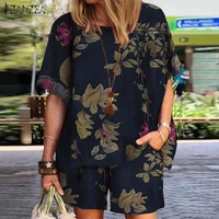 2022 summer bohemian printed matching sets women casual floral short sets zanzea vintage 2pcs half sleeve top elastic waist pant
