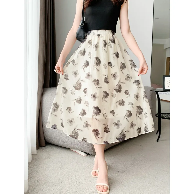 

Женская длинная юбка из полиэстера, трапециевидная облегающая юбка с завышенной талией и чернильным принтом, весна-лето 2023