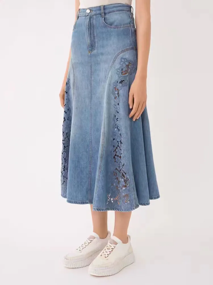 Юбка y2k женская с цветочной вышивкой ажурная хлопковая миди-юбка из денима