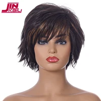 JINKAILI Synthetic Short Curly Brown Mixed Blonde Bob Wig With Bangs Heat Resistant Fake Hair Cosplay Wig Daily Grey Red Wig