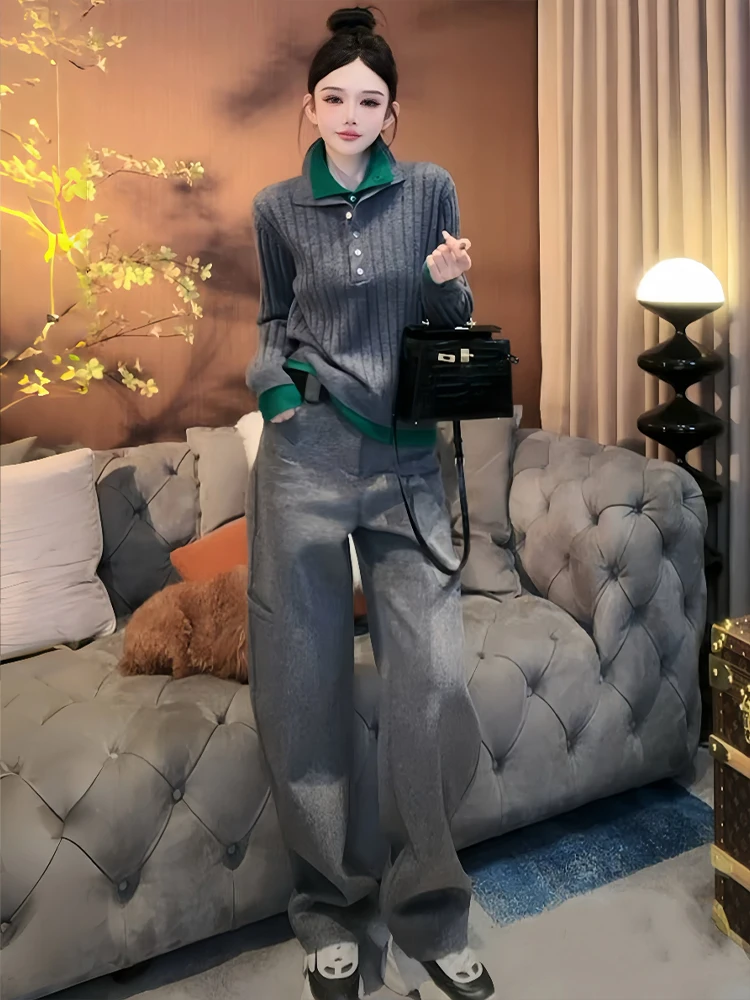 2024 Autumn and Winter New Age-Reducing Fashion Gray Knit Women High-Grade Versatile Loose Casual Pants Two-piece Suit