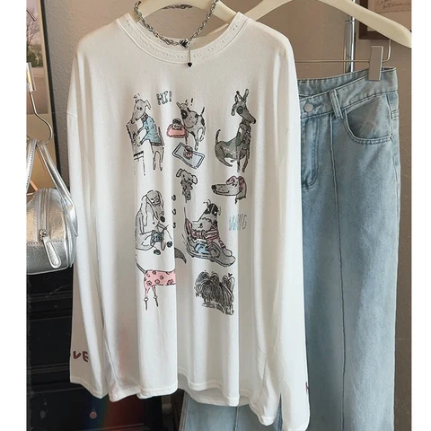 Женские летние тонкие футболки с длинным рукавом и мультяшным принтом, милые футболки с круглым вырезом, летние топы для женской одежды, прозрачная одежда