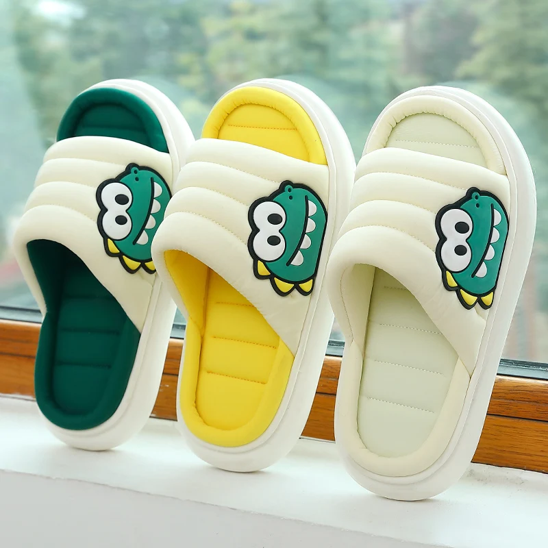 

Comemore 2022 Women Linen Slippers Mens Cartoon Thick Soft Anti-slip Dinosaur Home Slippers Indoor Bedroom Cute Couples Shoes 44