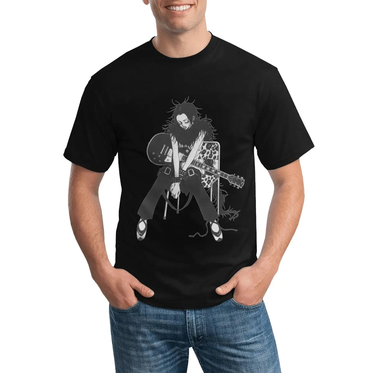 

NANA Osaki Guitar T Shirt Black Stones Hip Hop T Shirts Crewneck Tshirt Classic Tees Mens Big Size