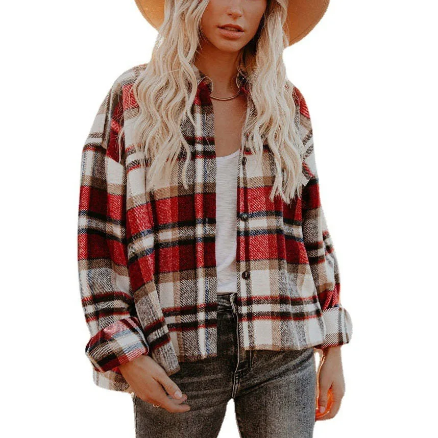 2022 Women's Autumn Plaid Coat Short Loose Casual Shirt Womens Tops Blouses Single Breasted Blouse Women Camisas De Mujer