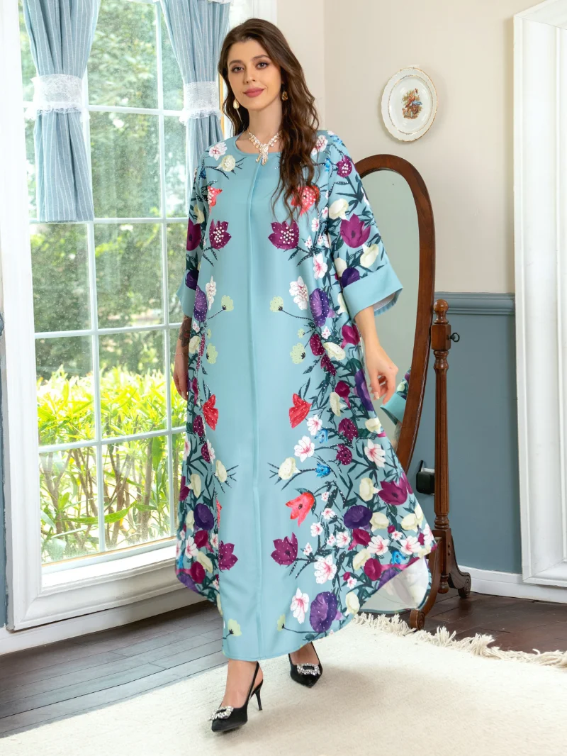 Vestidos Eid Muslim Women 2023 Beading Floral Print Dress Abaya Party Dresses Dubai Arab Turkey Ramadan Abayas Caftan Kaftan
