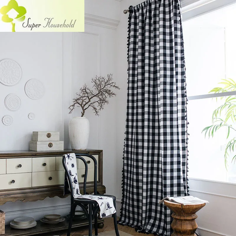 Retro Black White Plaid Design Curtains with Tassels Fabric for Window Kitchen Living Room Cotton and Linen Finished Curtain SP7