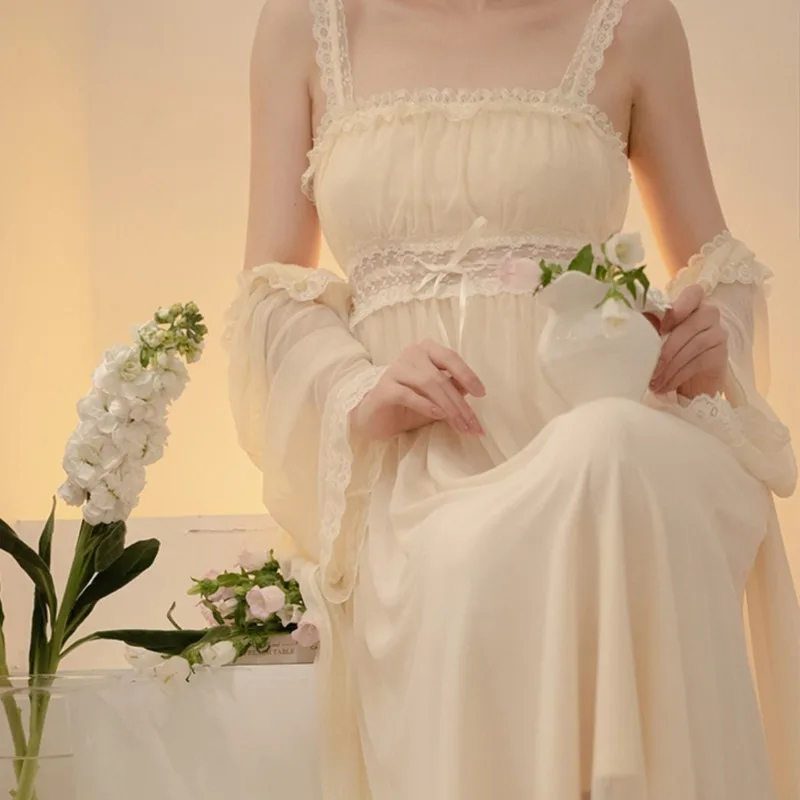 French Palace Sleepwear Women Lace Fairy Sling Nightdress Princess Nightdress Sexy Night Dress Lingerie Winter Nightgown