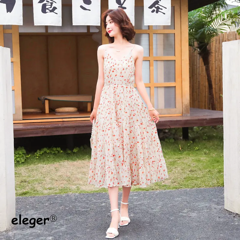 

Женское шифоновое платье миди без рукавов, Элегантное повседневное офисное платье во французском стиле с цветочным принтом, длинным V-образ...