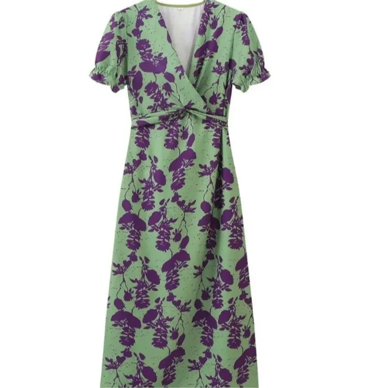 Лето 2024 женское платье миди со шнуровкой и принтом модное с v-образным вырезом