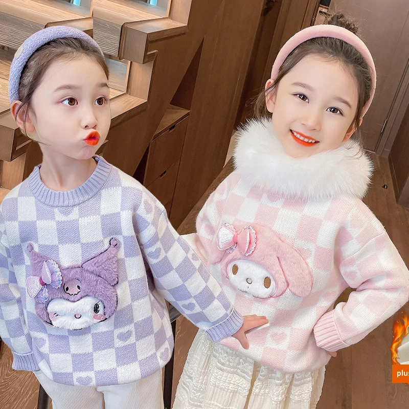 

Kuromi Girl Pullover Sweater Sanrioed Autumn Winter Anime Kawaii Three-Dimensional Cartoon Love Lattice Pullover Warm Clothes
