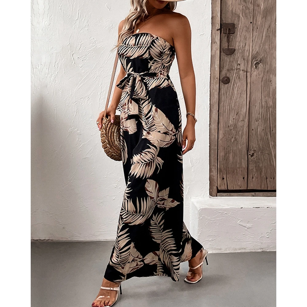 Женский комбинезон с тропическим принтом элегантный черный завязкой на груди и