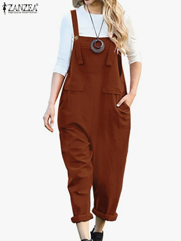 

Женские модные повседневные Комбинезоны ZANZEA, Осенние однотонные комбинезоны, хлопковые подтяжки без рукавов, женские элегантные широкие брюки 2023