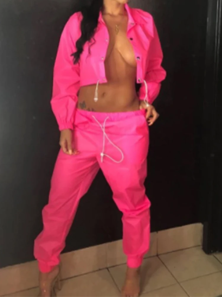 

OMSJ 2021 New Neon Yellow Pink Two Piece Set Crop Top and Pants Tracksuit Sexy Casual Summer Clothes Spring Sweat Suits