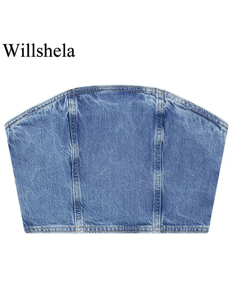 

Willshela женский модный джинсовый синий бюстье на молнии сзади Корсет Топ винтажный без бретелек с вырезом лодочкой женские шикарные топы