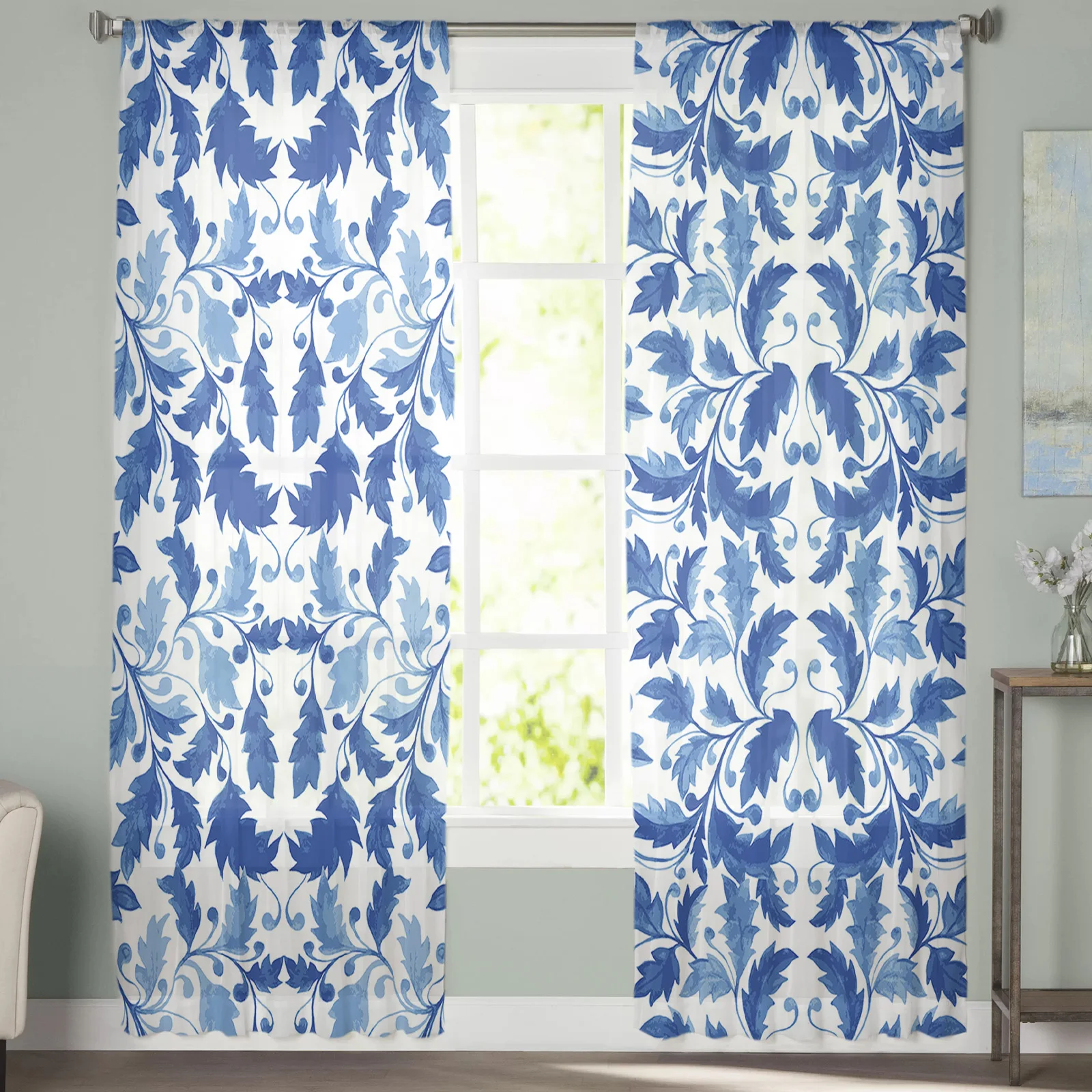 Акварельные темно-синие тюлевые шторы с листьями для гостиной вуаль прозрачные