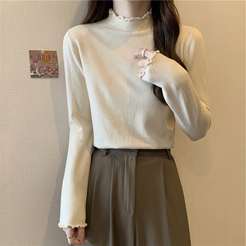 Half-high Collar Dralon Knitted Bottoming Shirt Inner wear Women Autumn and Winter Design Sense Shoulder Long sleeves W...