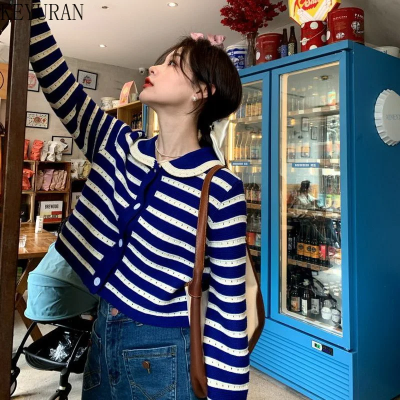 

Корейский вязаный Укороченный кардиган с длинным рукавом, Женский цветной свитер в полоску с воротником Питер Пэн, однобортный трикотажный...