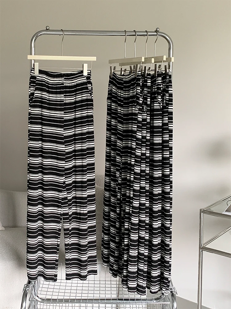 

Women Autumn Summer New High Waist Vintage Striped Retro Pants Wide Leg Straight Cylinder Mopping Design Trousers Trendy Cozy