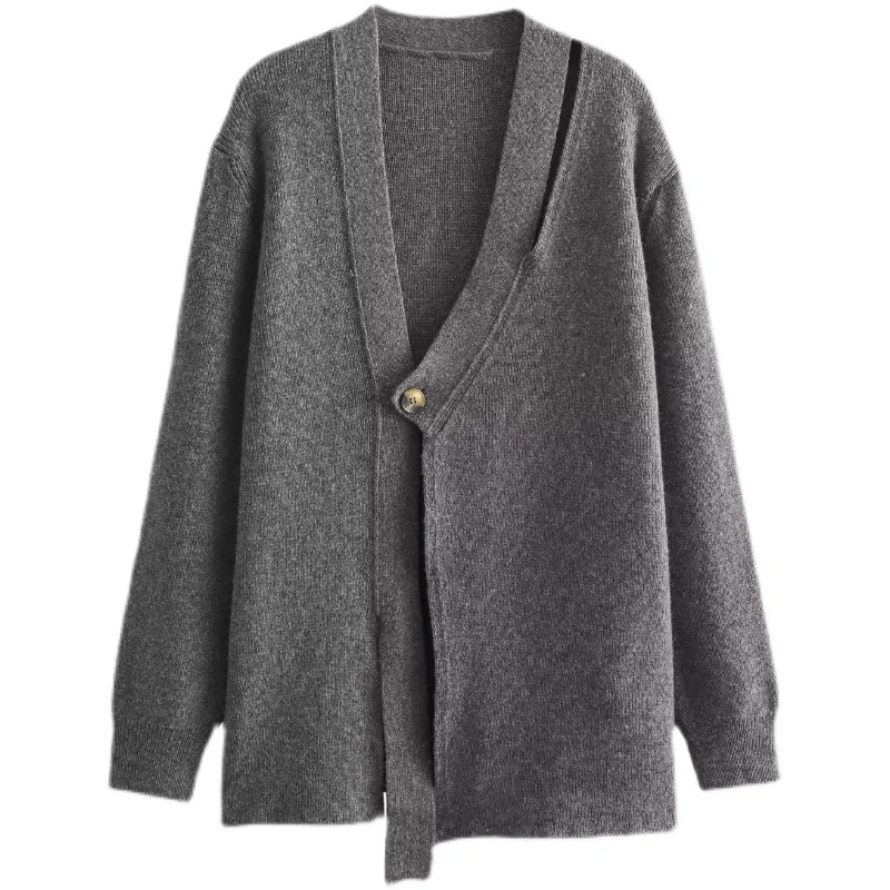 

Женское осеннее вязаное пальто VANOVICH в европейском и американском стиле, новинка 2023, модное вязаное пальто с одной пуговицей, яркий серый свитер