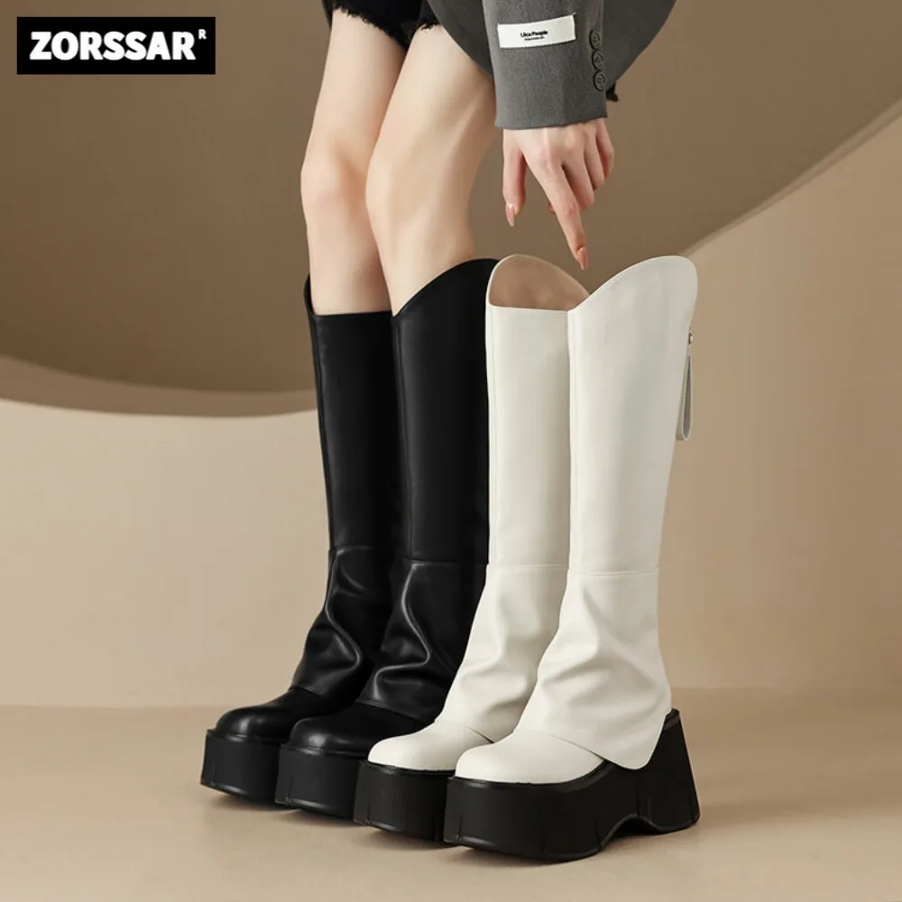 Сапоги женские до колена на танкетке из бычьей кожи, модные сапоги для верховой езды, высокие сапоги В рыцарском стиле, обувь на платформе и высоком каблуке