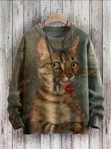 Винтажный вязаный пуловер ZZM42 для мужчин, Повседневный свитер унисекс с абстрактным художественным 3d-рисунком милого кота и О-образным вырезом, зима