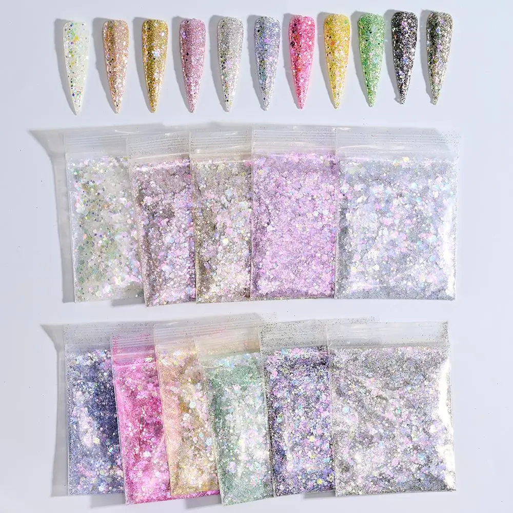 

10g/bag Laser Nail Glitter Flakes Mix-Hexagon Holographic Chunky Sequins Shiny Mermaid 3D Flakes Paillettes Nail Art Decorations