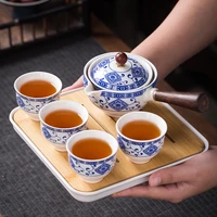 household ceramic anti scalding travel tea set handmade pattern exquisite side handle tea pot cup set with portable carrying box