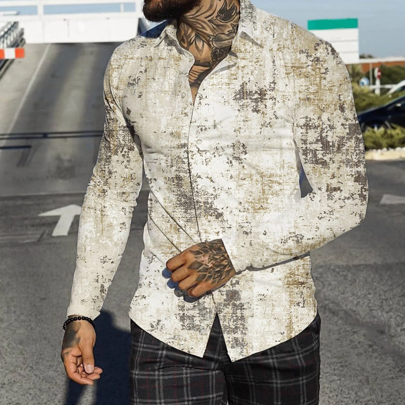 

Men Autumn Winter Single Breasted Casual Lapel Full Print Beach Long Sleeve Vacation Outdoor Holiday Large Tall Mens Shirts