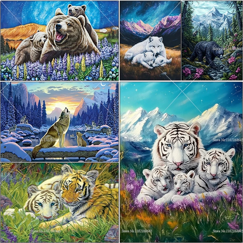 Kit Completo de Pintura Diamantes Cute Animals: Tigre Lobo e Urso na Floresta - com Diamante Kits para Decoração Casa Presente