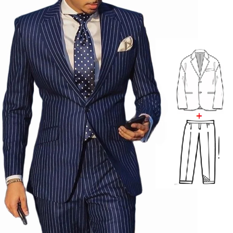 Latest Navy Blue Stripe Men Suit 2 Piece 2023 Slim Fit Business Groom Wedding Tuxedo Custom Formal Prom Wedding Business Suits