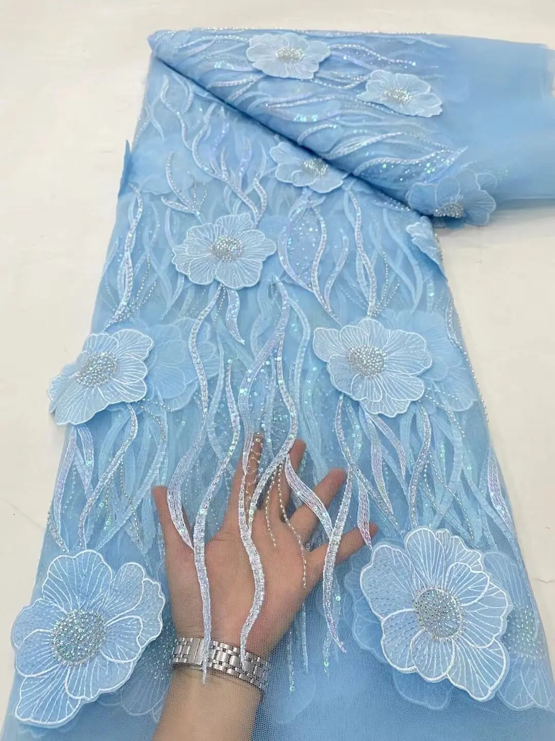 Нигерийская африканская кружевная сетчатая ткань с блестками и бисером вышивка