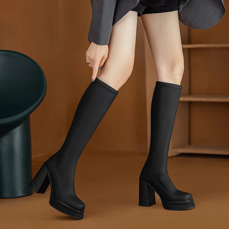 

Модные элегантные лаконичные женские сапоги до колена с круглым носком на высоком каблуке, Повседневная Праздничная обувь из натуральной к...