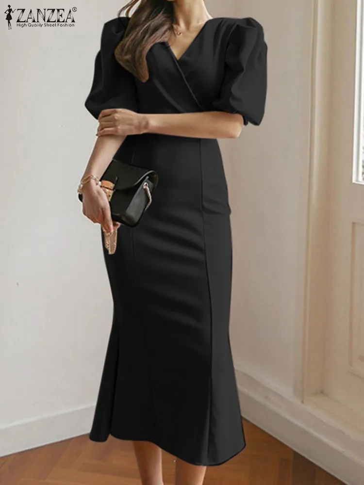 

ZANZEA Elegant V Neck Mermaid Dresses Pleated Puff Sleeve Wasited Vintage Midi Dress 2023 Fashion Slim Sheath Women Party Dress