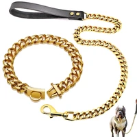 18k gold dog collar with dog leash set strong metal cuban link chain stainless steel pet dogs luxury necklace for walking usage