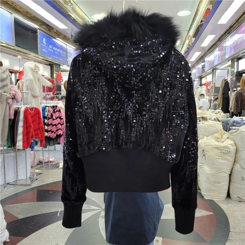 KoHuiJoo Sequins Design Velvet Jacket Woman Plush Short Cotton Padded Coat Warm Winter Clothes Womem Hooded Fur Collar Oversize