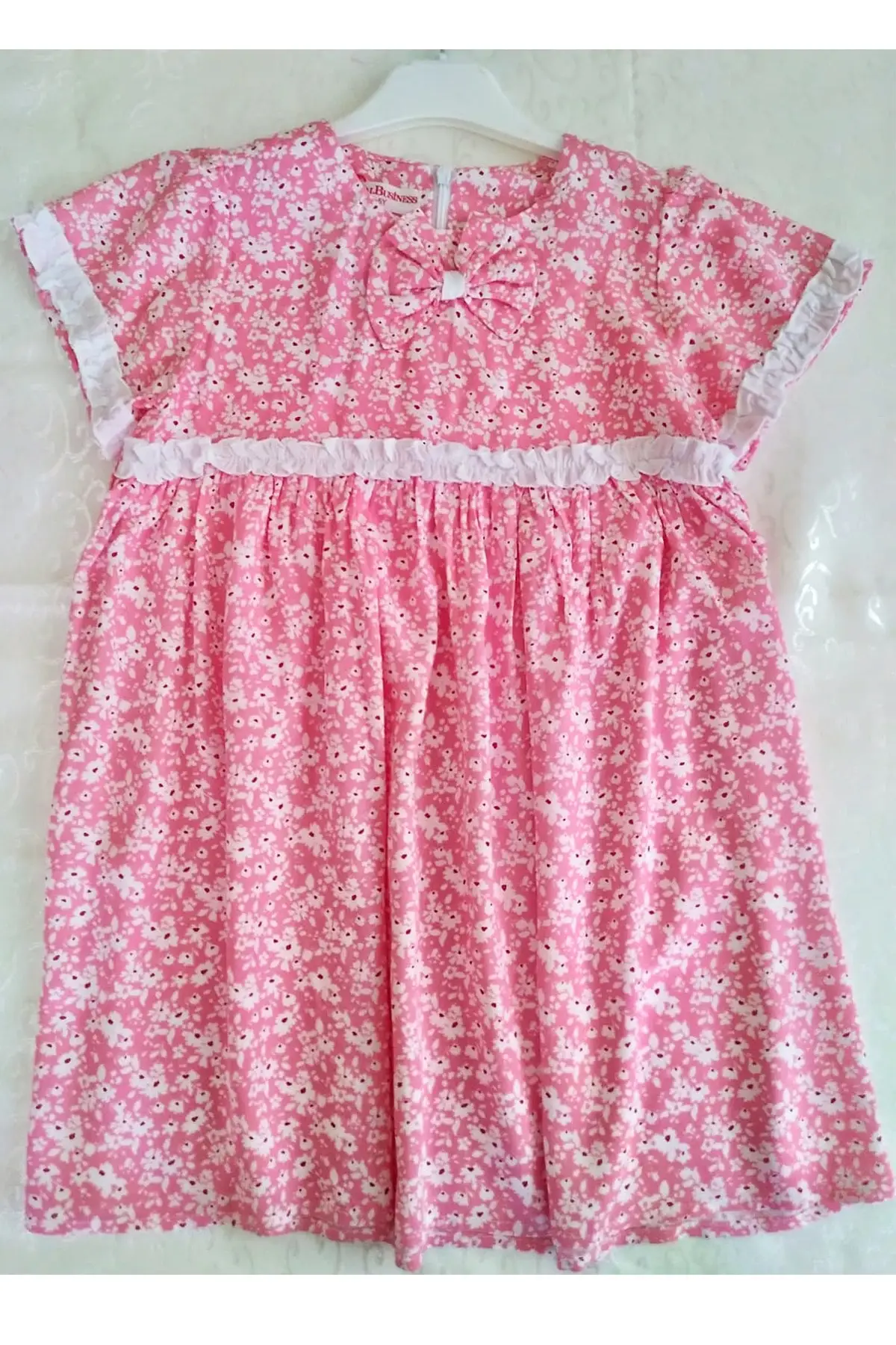 

Female Child Pink Flower Print Ruffle Dress Floral Viscose Short Woven Standard Bike Collar Midi Zipper
