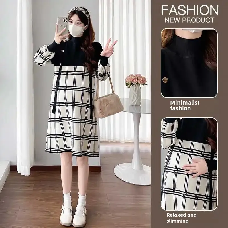 Осенне-зимнее стильное платье для беременных свободного покроя в клетку