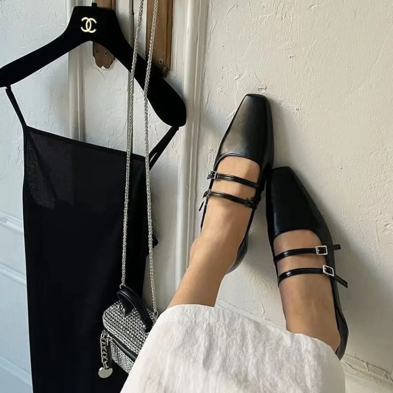 Eleganckie damskie baletki z płaską podeszwą Designerskie zakładki ze skóry bez sznurówek Wygodna miękka podeszwa Kwadratowe ...